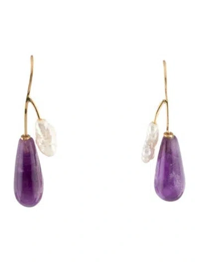 Pre-owned Earrings 14k Pearl & Amethyst Drop  In Multi