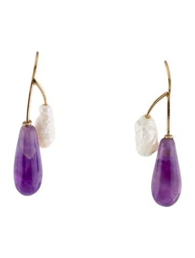 Pre-owned Earrings 14k Pearl & Amethyst Drop  In Multi