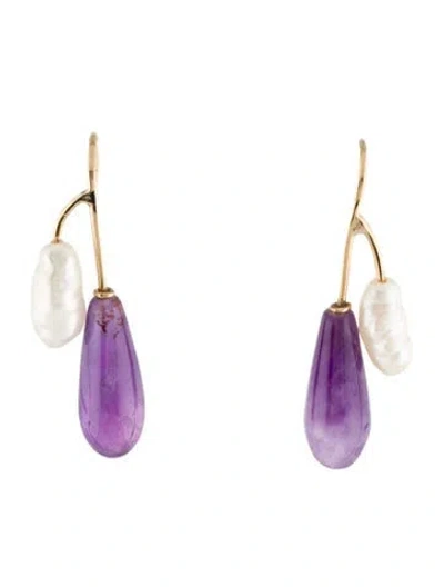 Pre-owned Earrings 14k Pearl & Amethyst Drop  In Multi