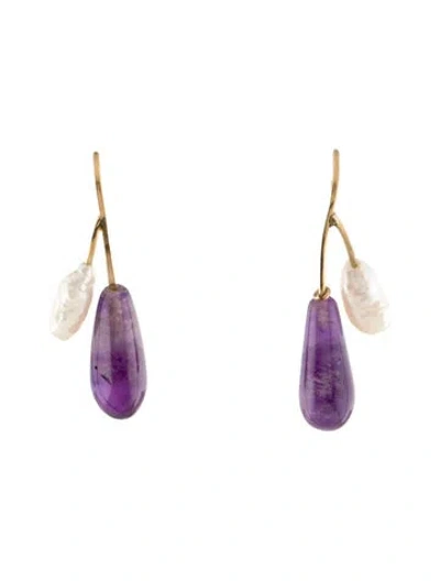 Pre-owned Earrings 14k Pearl & Amethyst Drop  In Multi