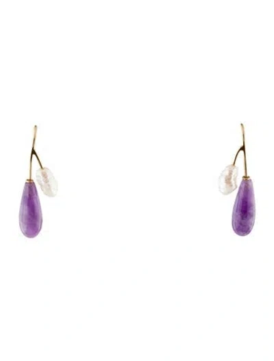 Pre-owned Earrings 14k Pearl & Amethyst Drop  In Multi