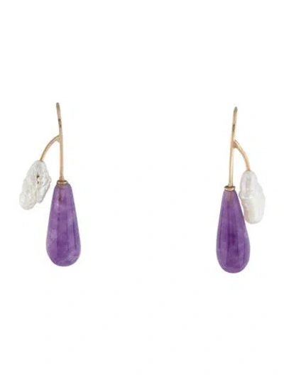Pre-owned Earrings 14k Pearl & Amethyst Drop  In Multi