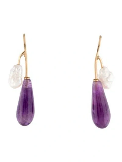 Pre-owned Earrings 14k Pearl & Amethyst Drop  In Multi