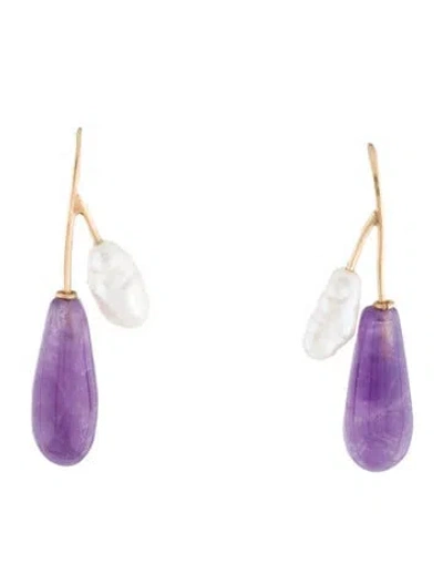 Pre-owned Earrings 14k Pearl & Amethyst Drop  In Multi