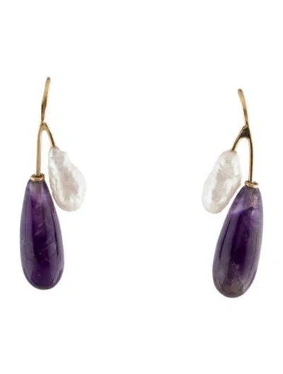 Pre-owned Earrings 14k Pearl & Amethyst Drop  In Multi