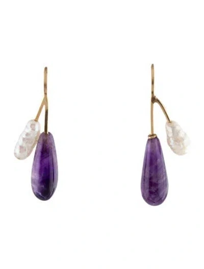 Pre-owned Earrings 14k Pearl & Amethyst Drop  In Multi