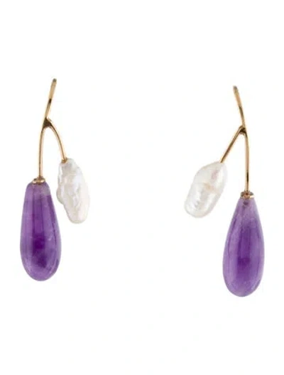 Pre-owned Earrings 14k Pearl & Amethyst Drop  In Multi