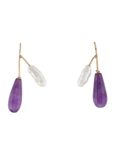 Pre-owned Earrings 14k Pearl & Amethyst Drop  In Multi