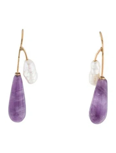 Pre-owned Earrings 14k Pearl & Amethyst Drop  In Multi
