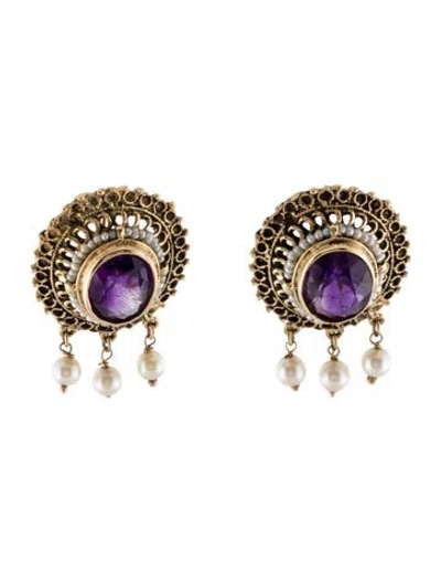 Pre-owned Earrings 14k Pearl & Amethyst Drop  In Multi