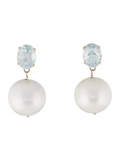 Pre-owned Earrings 14k Pearl & Aquamarine Drop  In Multi