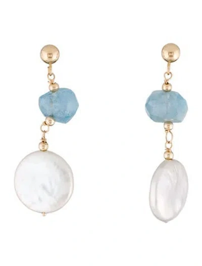 Pre-owned Earrings 14k Pearl & Aquamarine Drop  In Multi