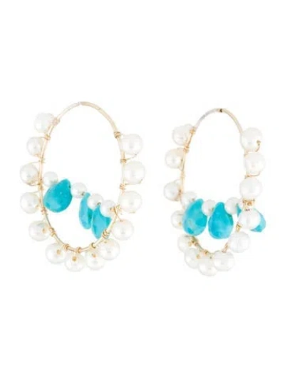 Pre-owned Earrings 14k Pearl & Aquamarine Hoop  In Multi