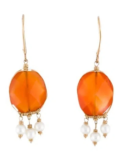 Pre-owned Earrings 14k Pearl & Carnelian Drop  In Multi