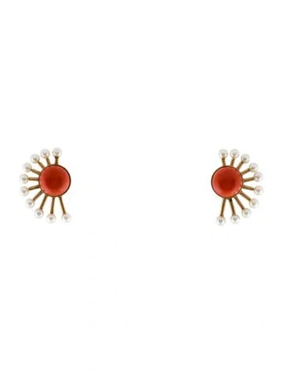 Pre-owned Earrings 14k Pearl & Coral Clip-on  In Red