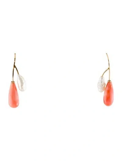 Pre-owned Earrings 14k Pearl & Coral Drop  In Multi