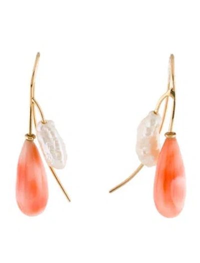Pre-owned Earrings 14k Pearl & Coral Drop  In Multi