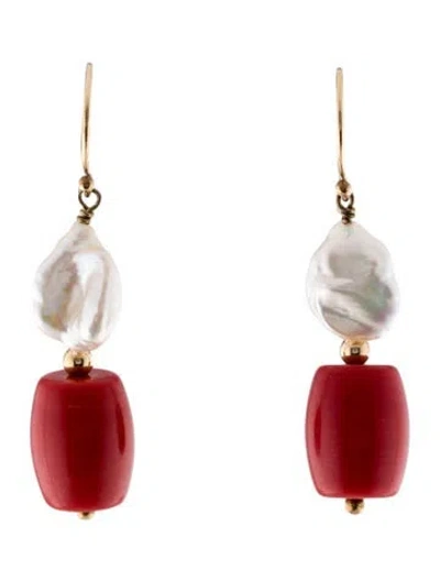 Pre-owned Earrings 14k Pearl & Coral Drop  In Red