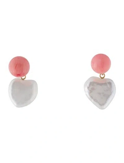 Pre-owned Earrings 14k Pearl & Coral Heart Drop  In Multi