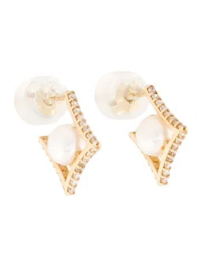 Pre-owned Earrings 14k Pearl & Cubic Zirconia Stud  In Multi