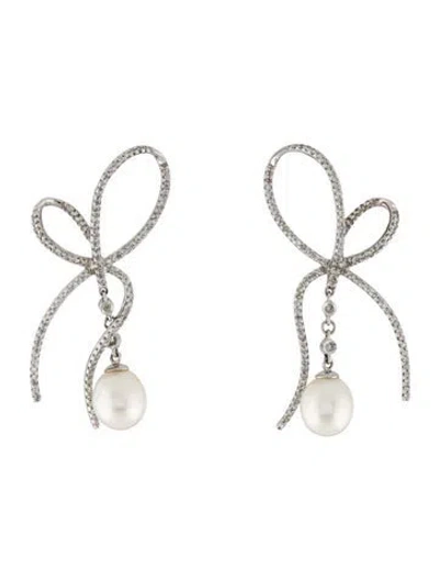 Pre-owned Earrings 14k Pearl & Diamond Bow Drop  In Multi