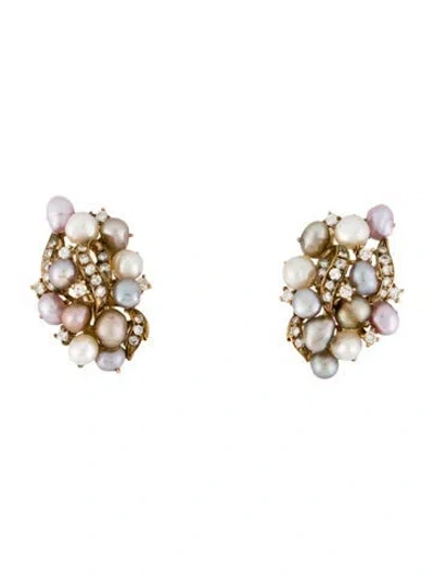 Pre-owned Earrings 14k Pearl & Diamond Clip-on  In Multi