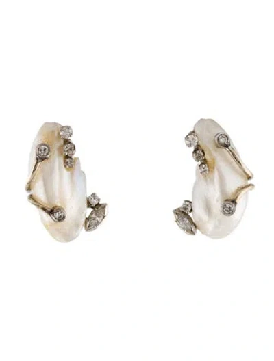 Pre-owned Earrings 14k Pearl & Diamond Clip-on  In Multi