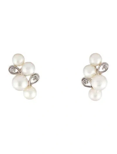 Pre-owned Earrings 14k Pearl & Diamond Cluster Stud  In Multi