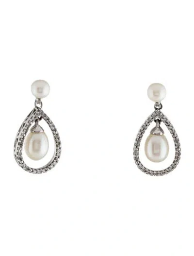 Pre-owned Earrings 14k Pearl & Diamond Drop  In Multi