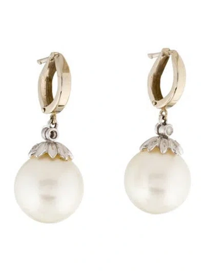 Pre-owned Earrings 14k Pearl & Diamond Drop  In Multi