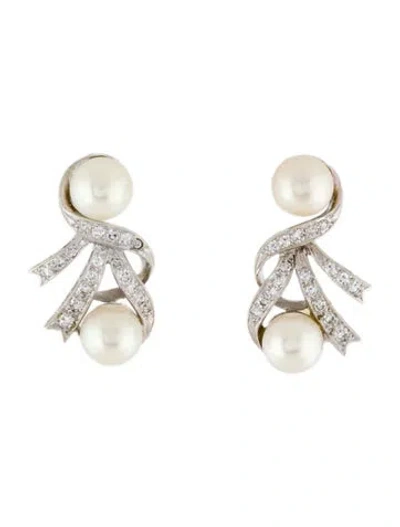 Pre-owned Earrings 14k Pearl & Diamond Drop  In Multi