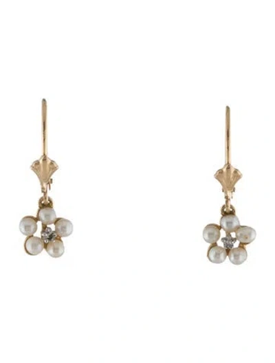 Pre-owned Earrings 14k Pearl & Diamond Drop  In Multi