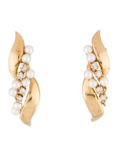 Pre-owned Earrings 14k Pearl & Diamond Drop  In Multi
