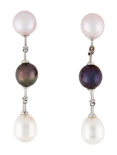 Pre-owned Earrings 14k Pearl & Diamond Drop  In Multi