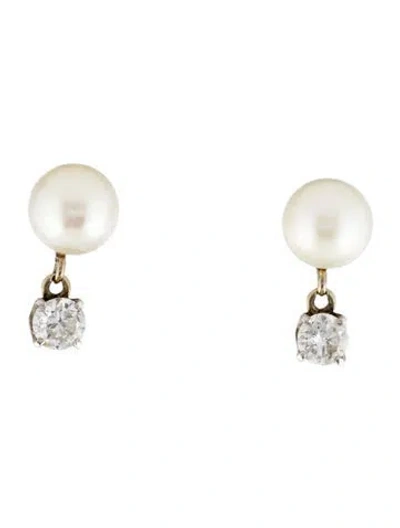 Pre-owned Earrings 14k Pearl & Diamond Drop  In Multi