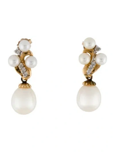 Pre-owned Earrings 14k Pearl & Diamond Drop  In Multi