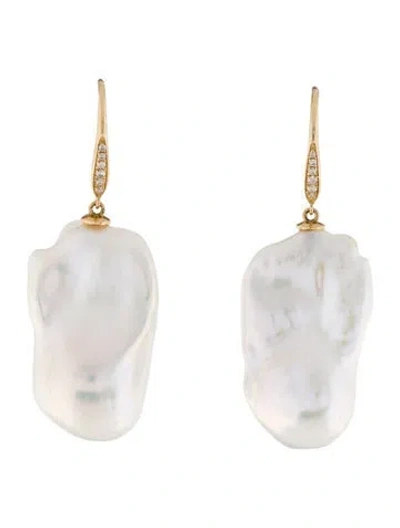 Pre-owned Earrings 14k Pearl & Diamond Drop  In Multi