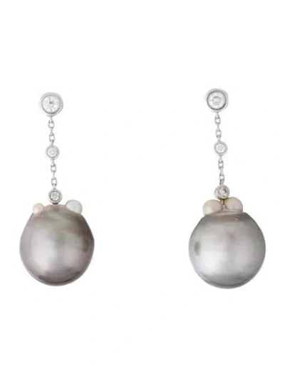 Pre-owned Earrings 14k Pearl & Diamond Drop  In Multi