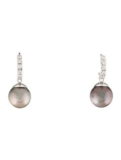 Pre-owned Earrings 14k Pearl & Diamond Drop Huggie  In Multi