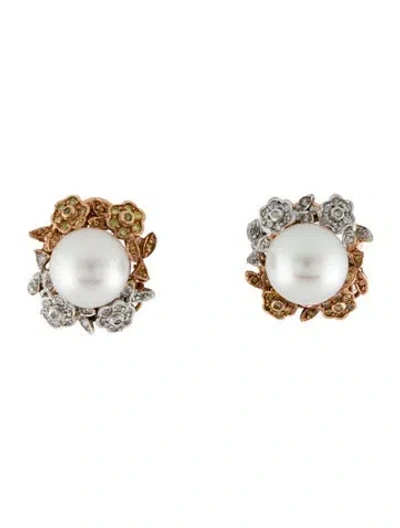 Pre-owned Earrings 14k Pearl & Diamond Earclips In Multi