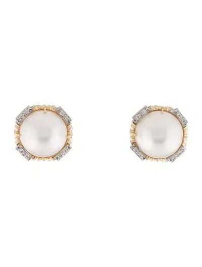 Pre-owned Earrings 14k Pearl & Diamond Earclips In Multi