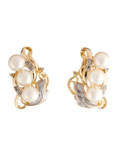 Pre-owned Earrings 14k Pearl & Diamond Earclips In Multi