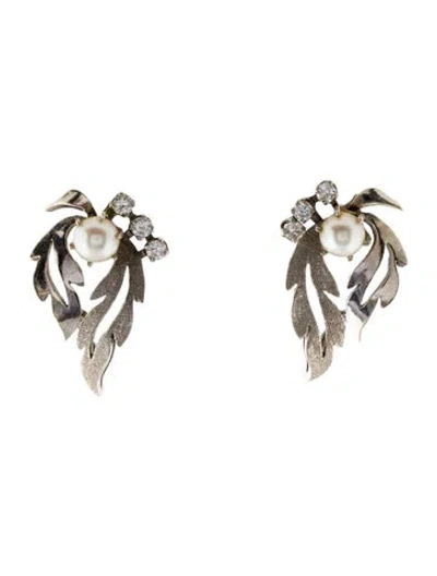 Pre-owned Earrings 14k Pearl & Diamond Elongated Stud  In Multi