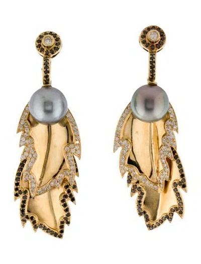 Pre-owned Earrings 14k Pearl & Diamond Feather Clip-on  In Multi