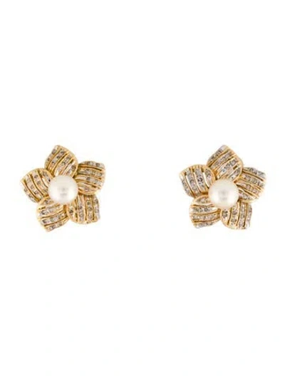 Pre-owned Earrings 14k Pearl & Diamond Flower Earclip  In Multi