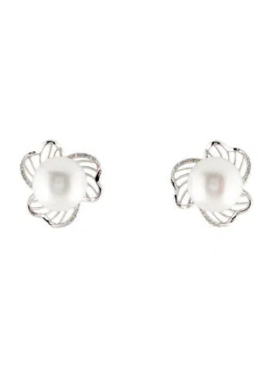 Pre-owned Earrings 14k Pearl & Diamond Flower Stud  In Multi