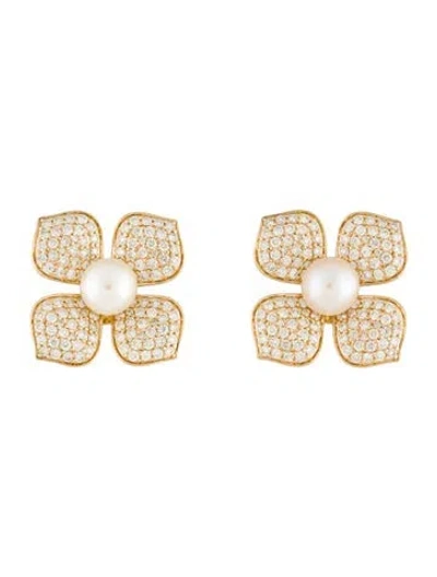 Pre-owned Earrings 14k Pearl & Diamond Flower Stud  In Multi