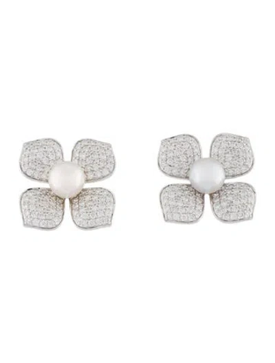 Pre-owned Earrings 14k Pearl & Diamond Flower Stud  W/ Tags In Multi