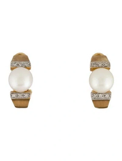 Pre-owned Earrings 14k Pearl & Diamond Half Hoop Earclip  In Multi