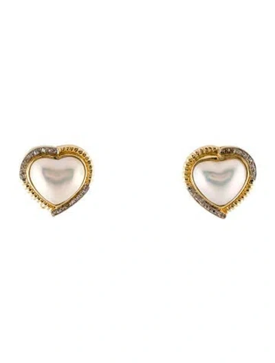 Pre-owned Earrings 14k Pearl & Diamond Heart Earclip  In Multi